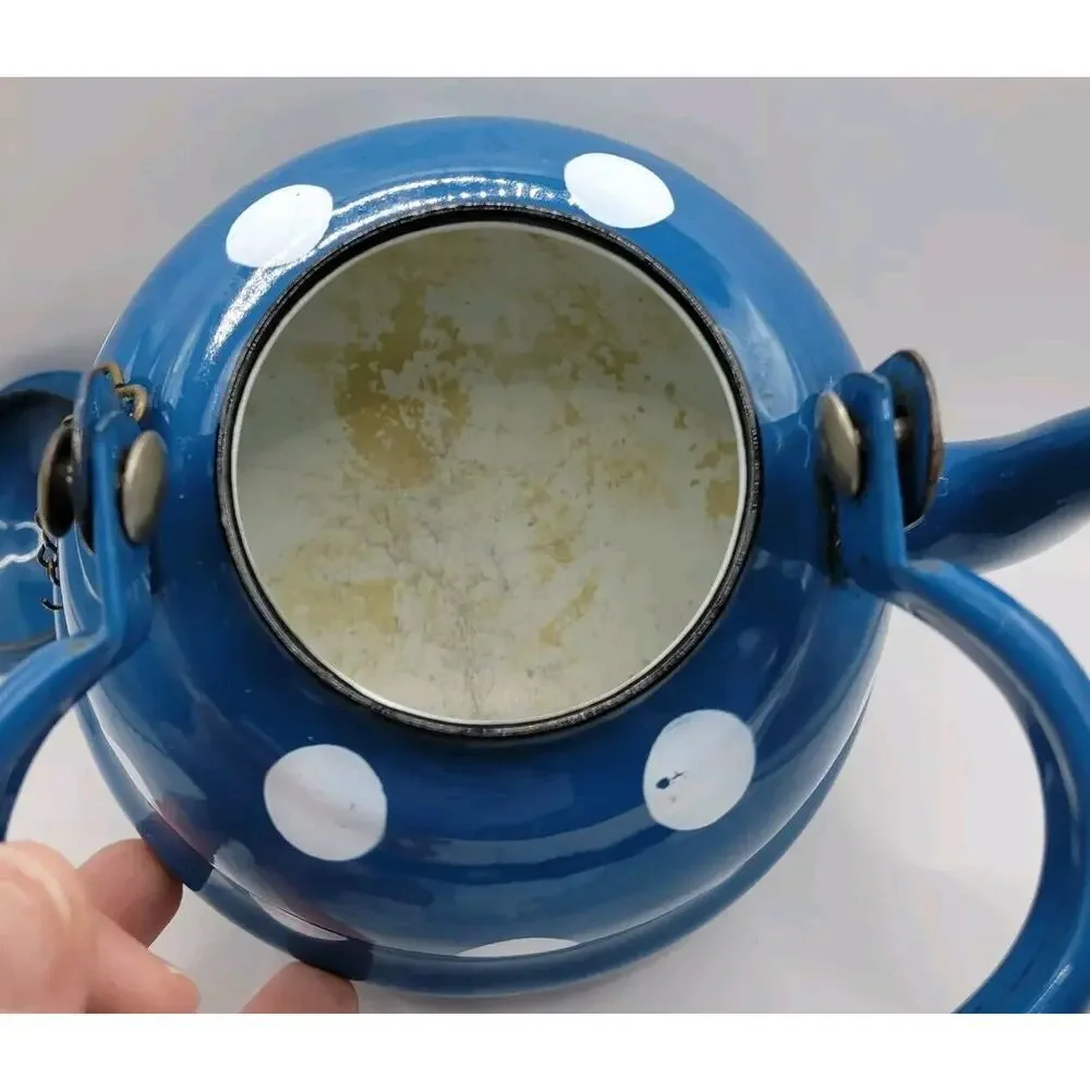 Vintage Graniteware Blue & White Polka Dots Enamel Gooseneck Swing Handle Teapot